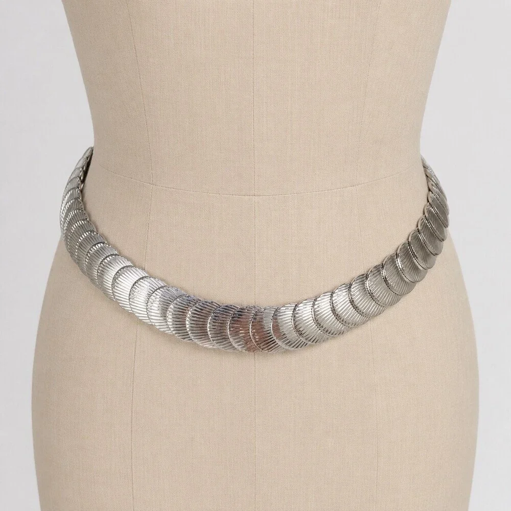 Vintage Art Deco Silver Scallop Seashell Scale Stretch Belt Statement Elastic
